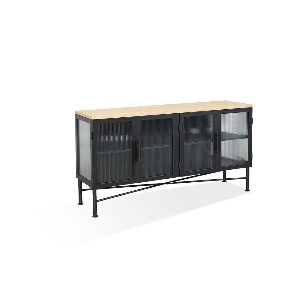 Aere Four Door Ribbed Glass, Metal and Wood Sideboard in Natural Ash and Black