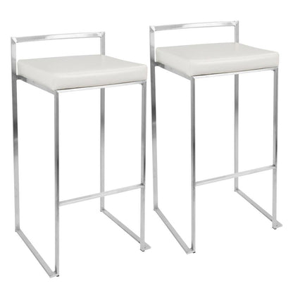 Contemporary White Faux Leather Stackable Barstools with Metal Frame, Set of 2