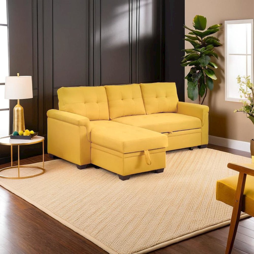 Elegant Yellow Linen Reversible Sleeper Sectional Sofa with Storage Chaise