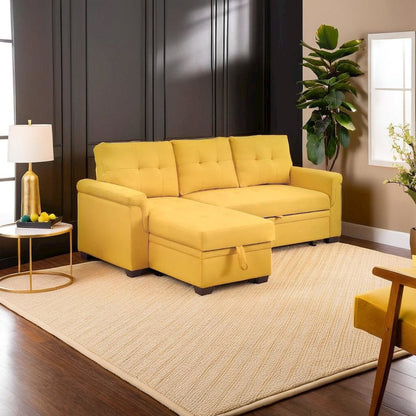 Elegant Yellow Linen Reversible Sleeper Sectional Sofa with Storage Chaise