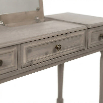 Rubberwood Bedroom Vanity with Lift-Top Storage and Padded Stool, Gray Wash