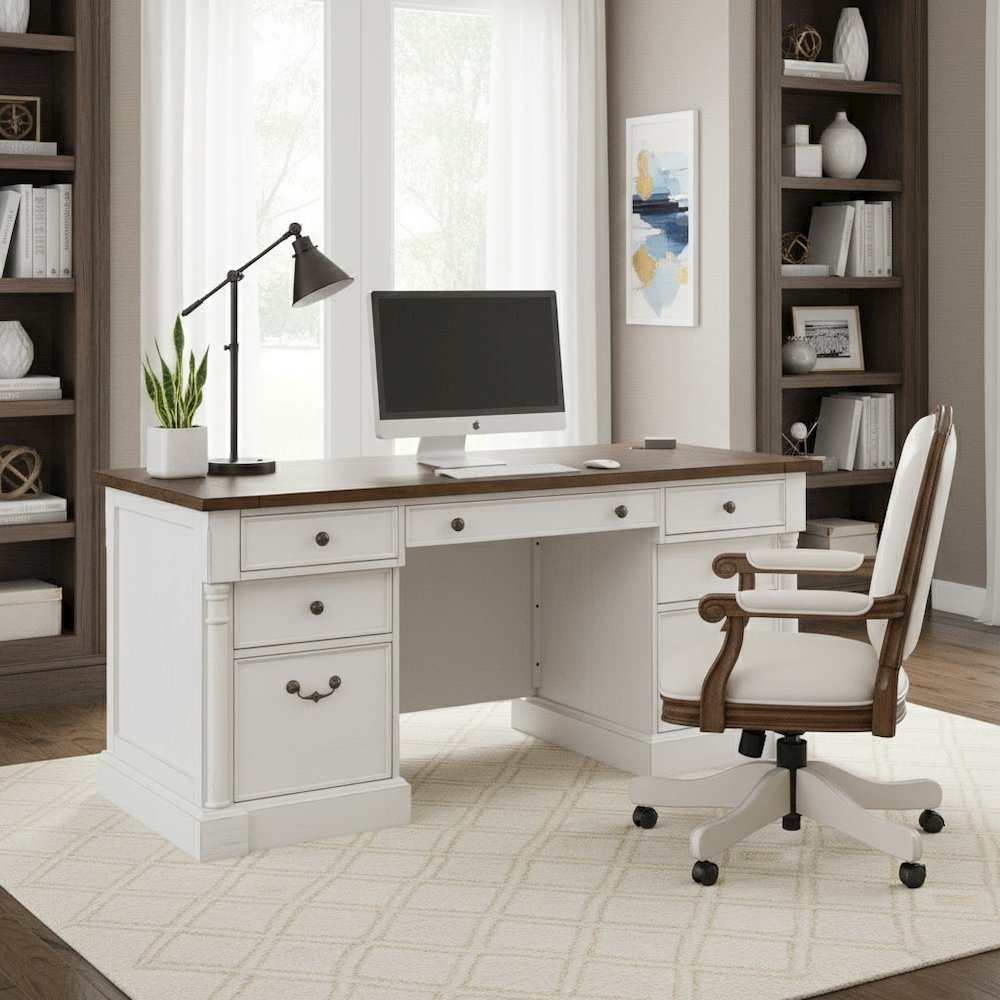 Rustic Wood Double Pedestal Executive Desk, 7 Drawers, White/Cherry