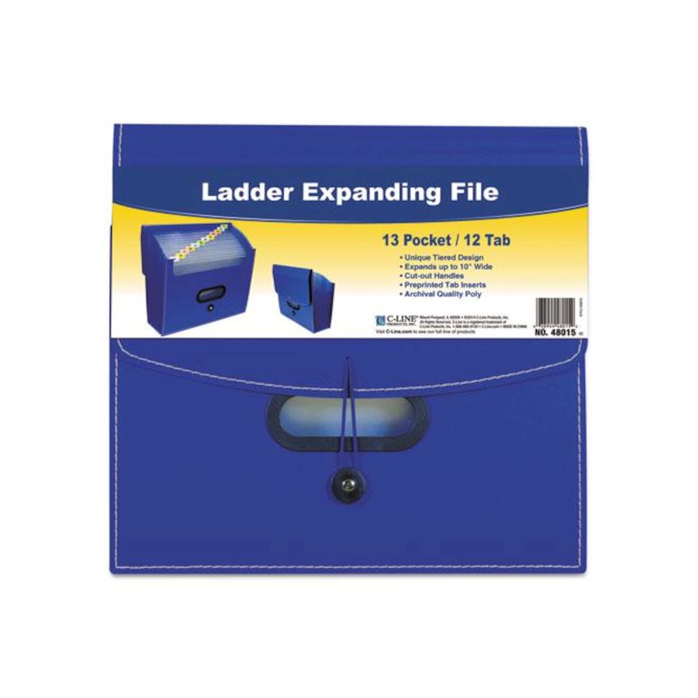 13-Pocket Ladder Expanding File, 10" Expansion, 13 Sections, 1/13-Cut Tab, Letter Size, Blue