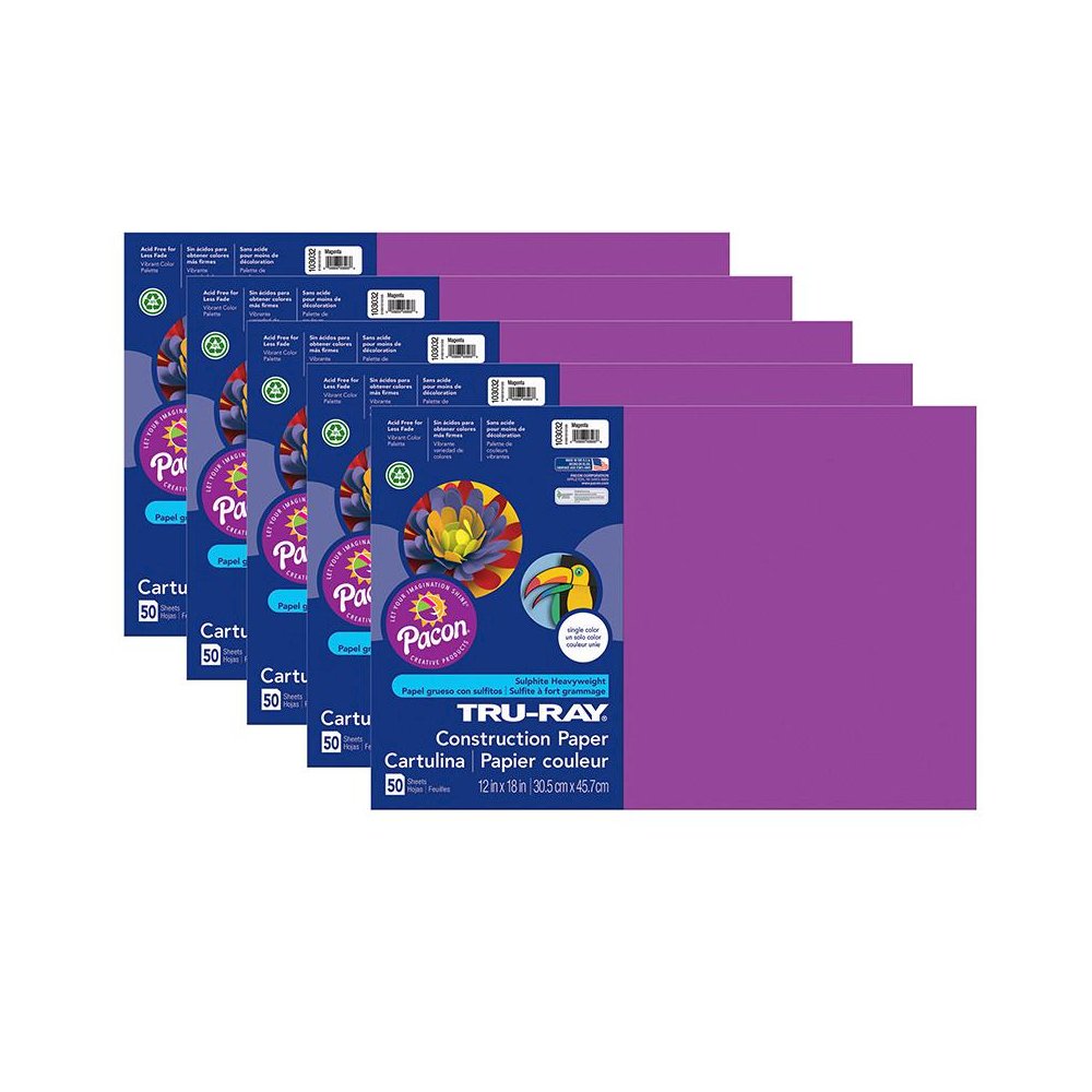 Construction Paper, Magenta, 12" x 18", 50 Sheets Per Pack, 5 Packs