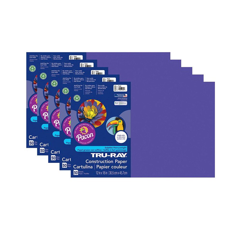 Construction Paper, Purple, 12" x 18", 50 Sheets Per Pack, 5 Packs