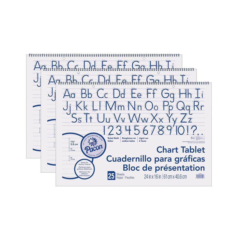 Chart Tablet, Manuscript Cover, 1-1/2" Ruled, 24" x 16", 25 Sheets, Pack of 3