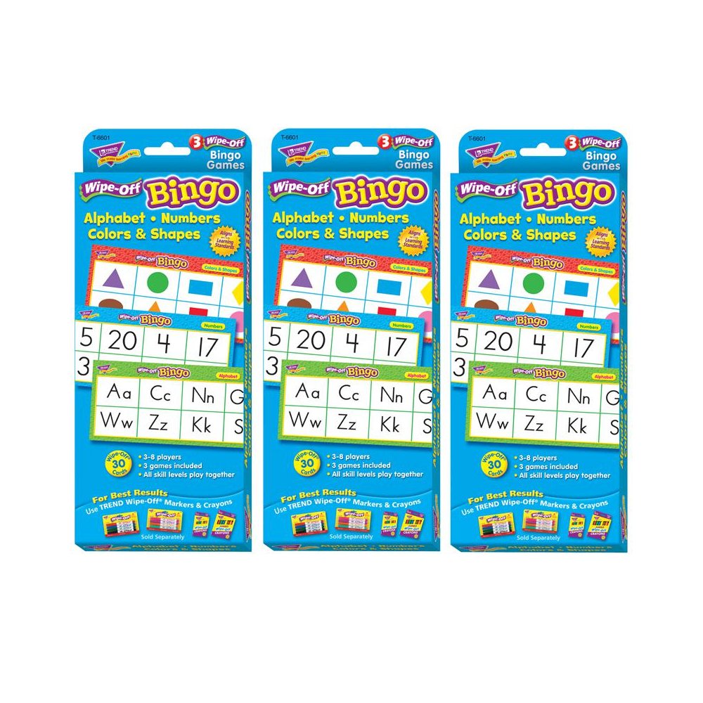 Alphabets, Number, Shapes and Colors Wipe-Off Bingo Cards, 3 Packs