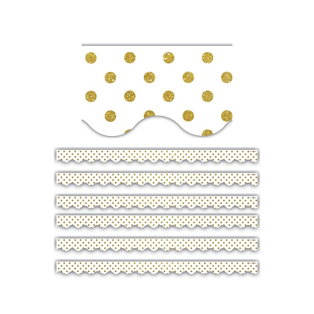 White with Gold Dots Scalloped Border Trim, 35 Feet Per Pack, 6 Packs