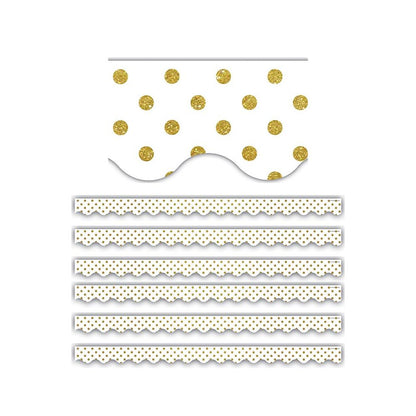 White with Gold Dots Scalloped Border Trim, 35 Feet Per Pack, 6 Packs