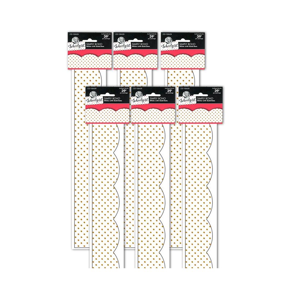 Simply Boho White with Gold Dots Scalloped Borders, 39 Feet Per Pack, 6 Packs