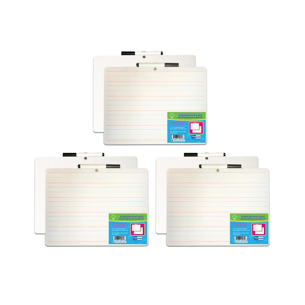 Two-Sided Primary Ruled/Blank Dry Erase Board with Attached Marker, Pack of 3