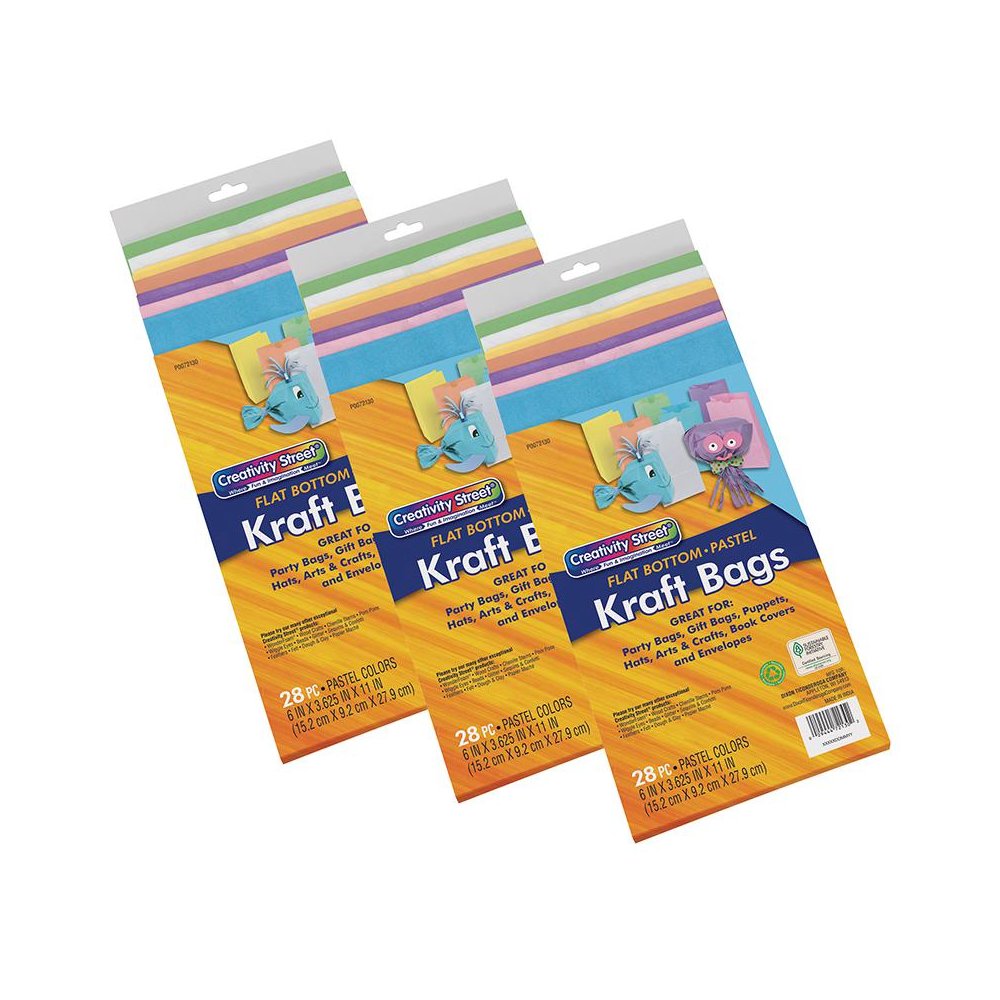 Kraft Bag, Assorted Pastel Colors, 6" x 3-5/8" x 11", 28 Per Pack, 3 Packs