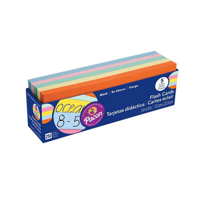 Blank Flash Card Dispenser Box, 5 Assorted Colors, Unruled 3" x 9", 250 Cards