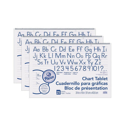 Chart Tablet, Manuscript Cover, 1-1/2" Ruled, 24" x 16", 25 Sheets, Pack of 3