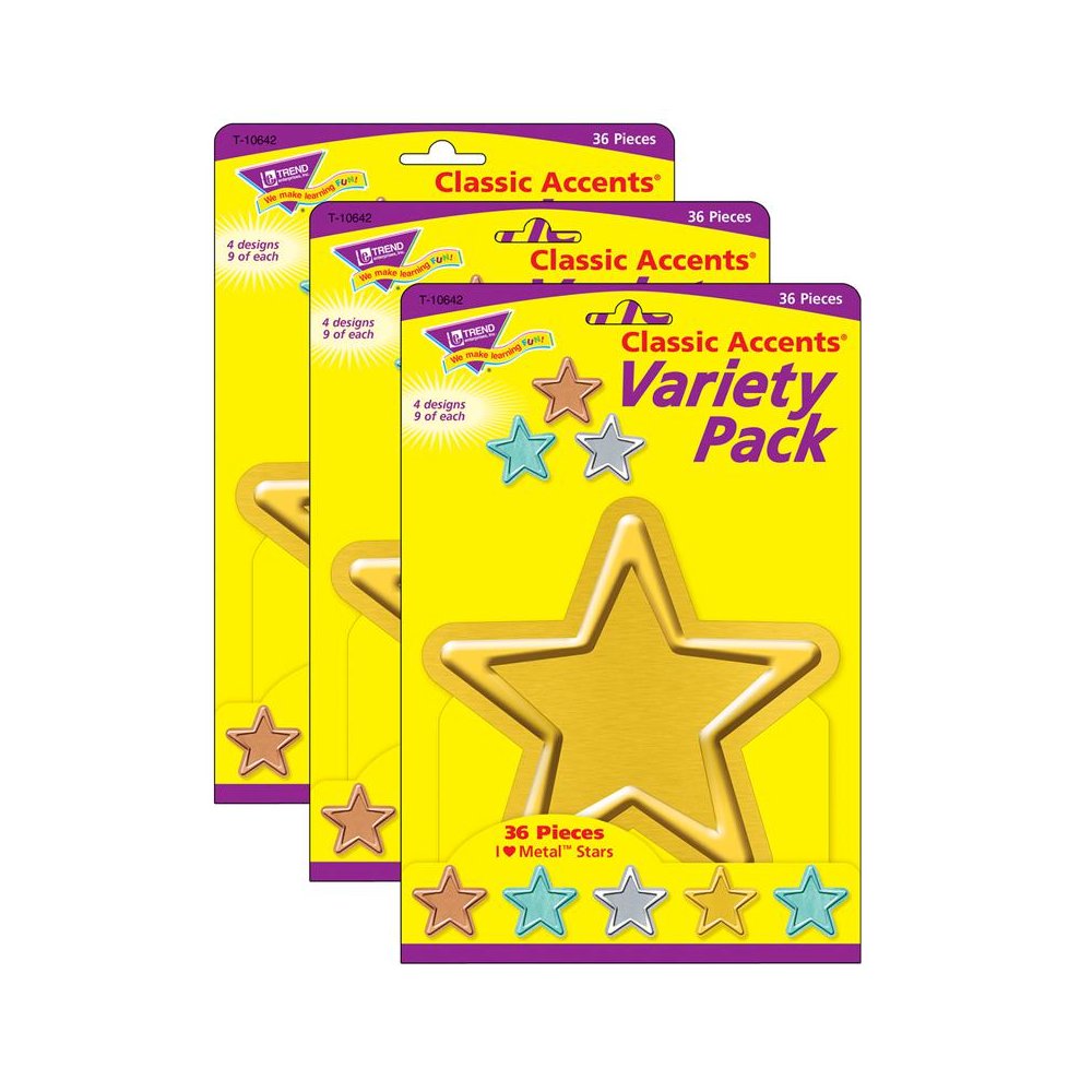 I Love Metal Stars Classic Accents Variety Pack, 36 Per Pack, 3 Packs