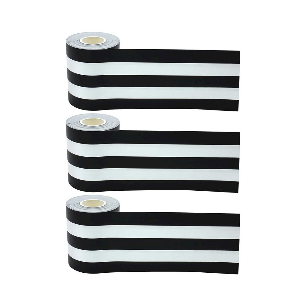 Black & White Stripes Straight Rolled Border Trim, 50 Feet Per Roll, Pack of 3