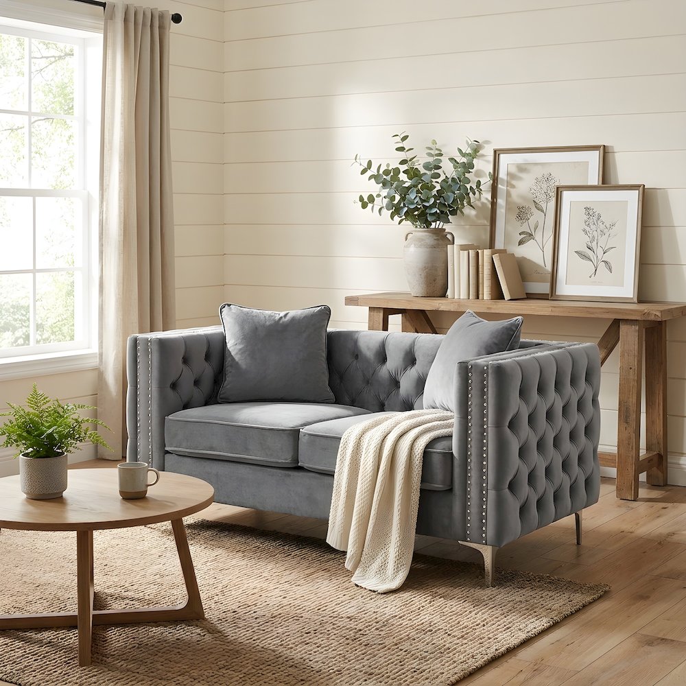 Velvet-Upholstered Loveseat with Button-Tufted Back and Nailhead Trims, Gray