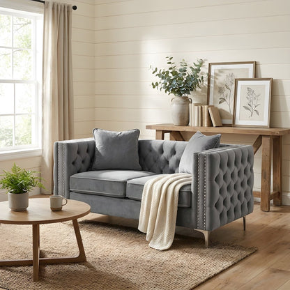 Velvet-Upholstered Loveseat with Button-Tufted Back and Nailhead Trims, Gray