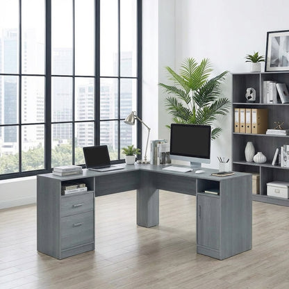 Grey L-Shape Desk with Storage and Slim Design for Home Office