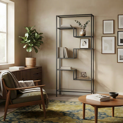 Steel Etagere with Seven Tempered Glass Shelves, Art Deco, Matte Black