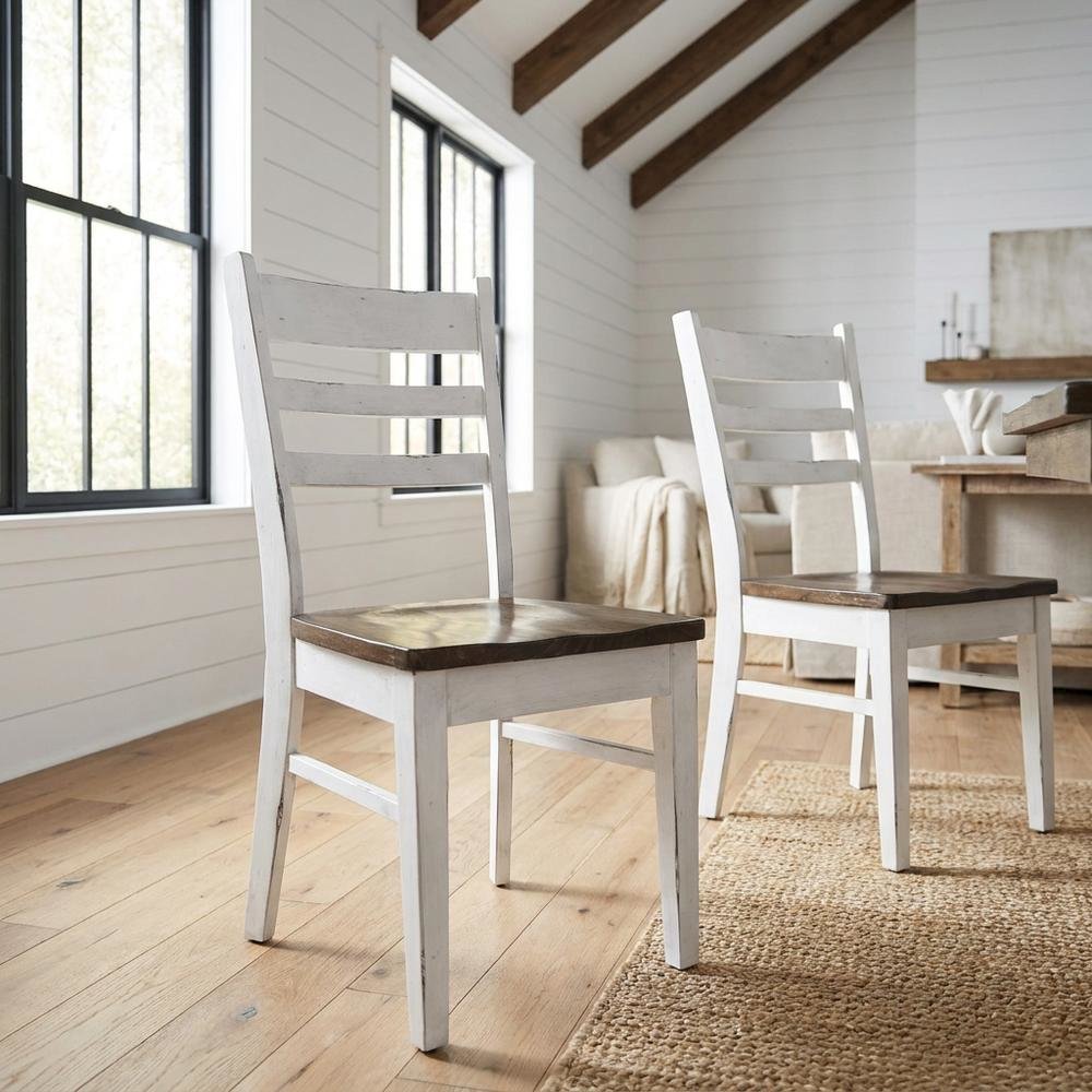 White Farmhouse Dining Chairs Set of 2 with Ladderback Design and Sturdy Frame