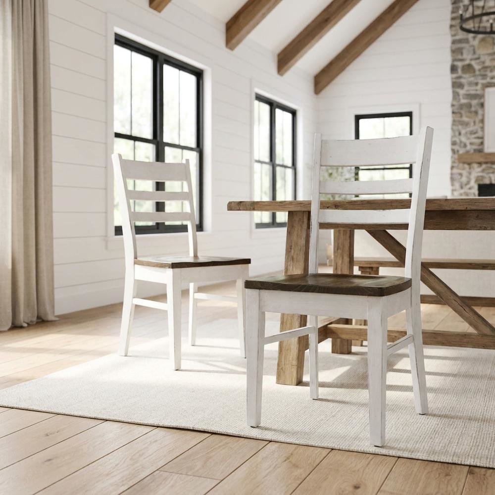 White Farmhouse Dining Chairs Set of 2 with Ladderback Design and Sturdy Frame