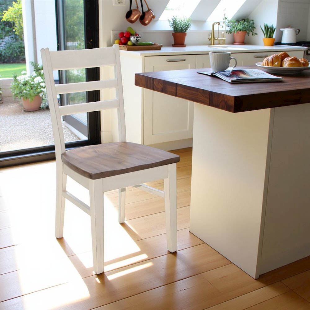 White Solid Wood Kitchen Chair, Ladderback Dining Chair with Wood Seat