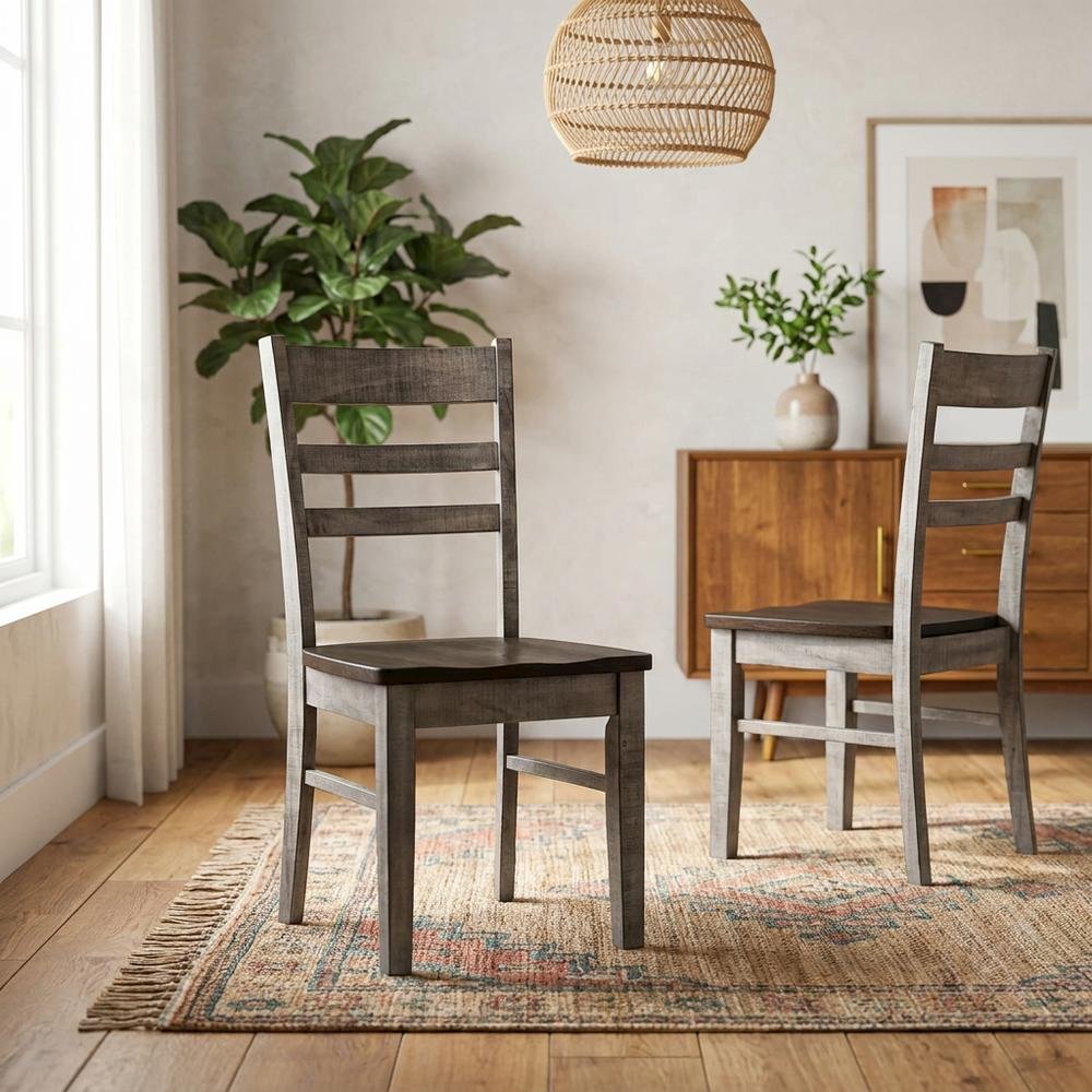 Dark Brown Ladderback Dining Chairs with Wooden Seats, Set of 2