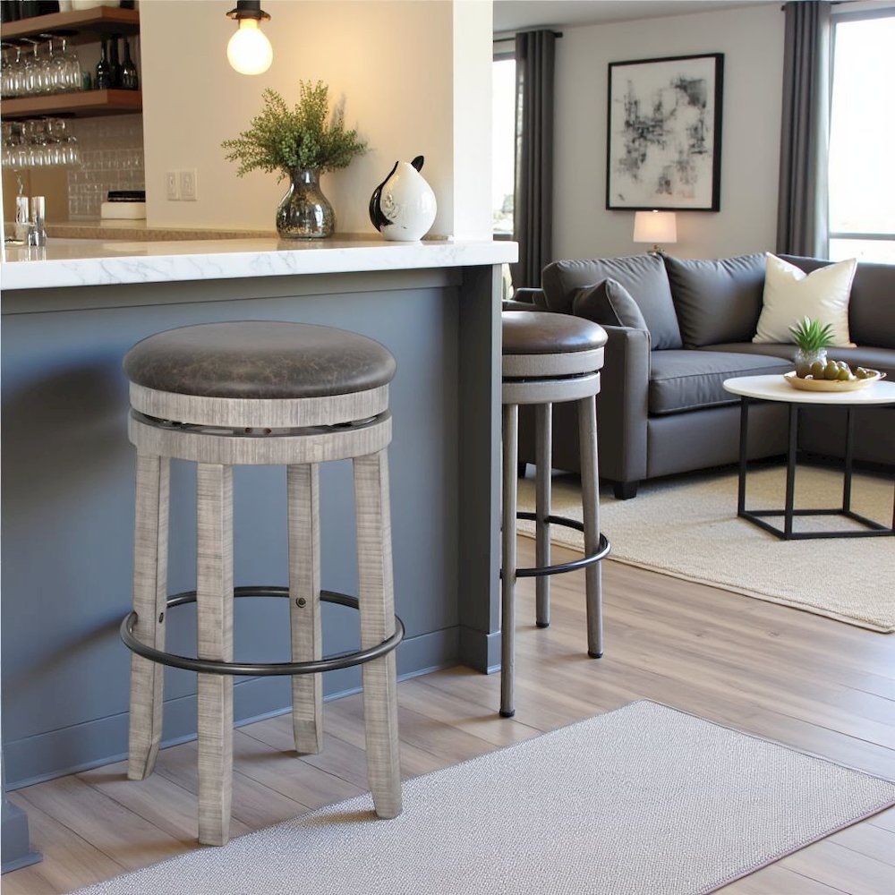 Gray Solid Wood Swivel Bar Stool, Cushion Seat for Counter Height Bar Stools
