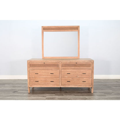 Natural Wood 6-Drawer Rattan Dresser with Mirror