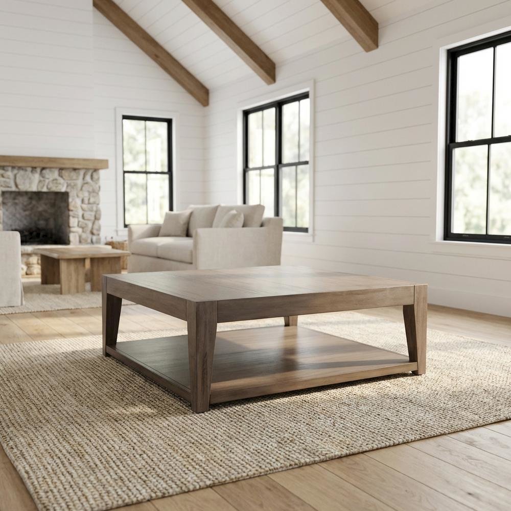 Light Brown Mahogany Wood Coffee Table with Casters for Living Room