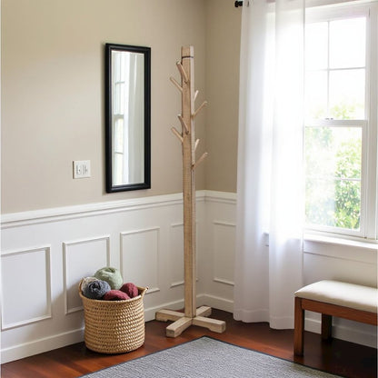 Beige Solid Wood Coat Rack Freestanding, 8-Prong Coat Tree with Hooks