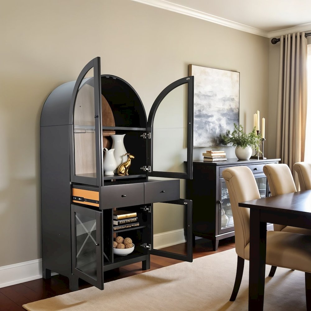 Black Solid Wood Bar Cabinet, Arched Liquor Cabinet with Glass Doors