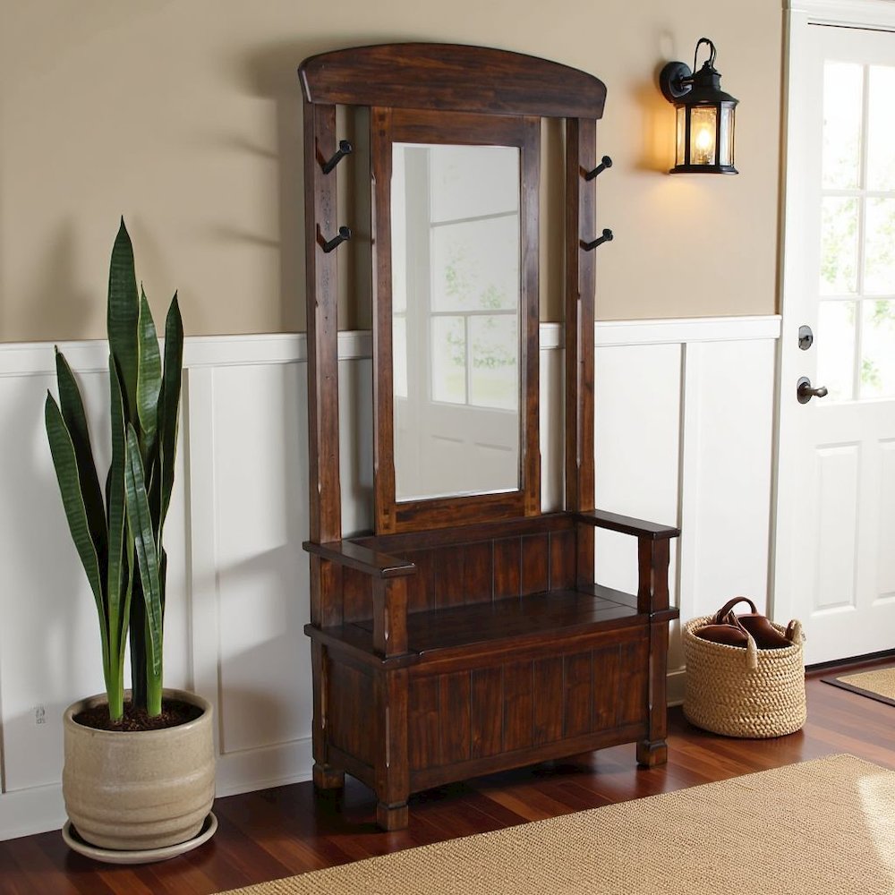 Brown Solid Wood Hall Tree with Storage, 4-Hook Hall Entryway Furniture