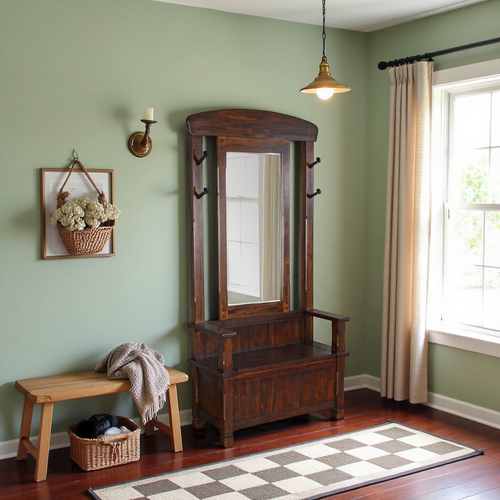 Brown Solid Wood Hall Tree with Storage, 4-Hook Hall Entryway Furniture