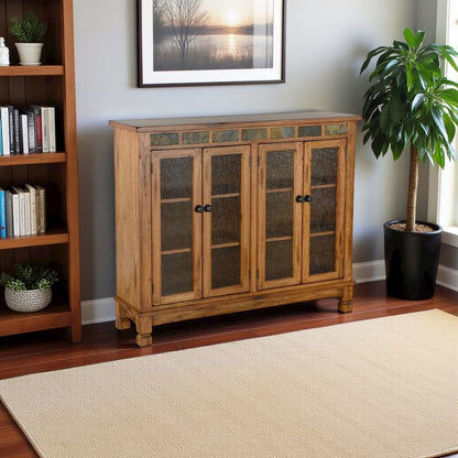 Brown Solid Wood Bookcase with Glass Doors, Small Cabinet with Storage