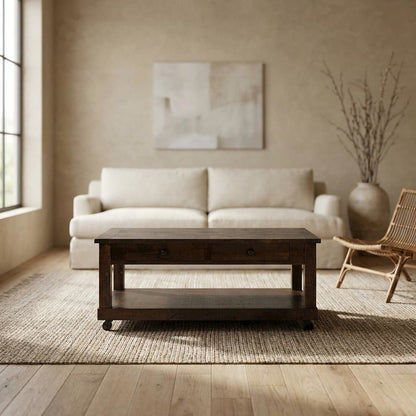 Dark Brown Coffee Table with Casters for Easy Mobility and Traditional Style