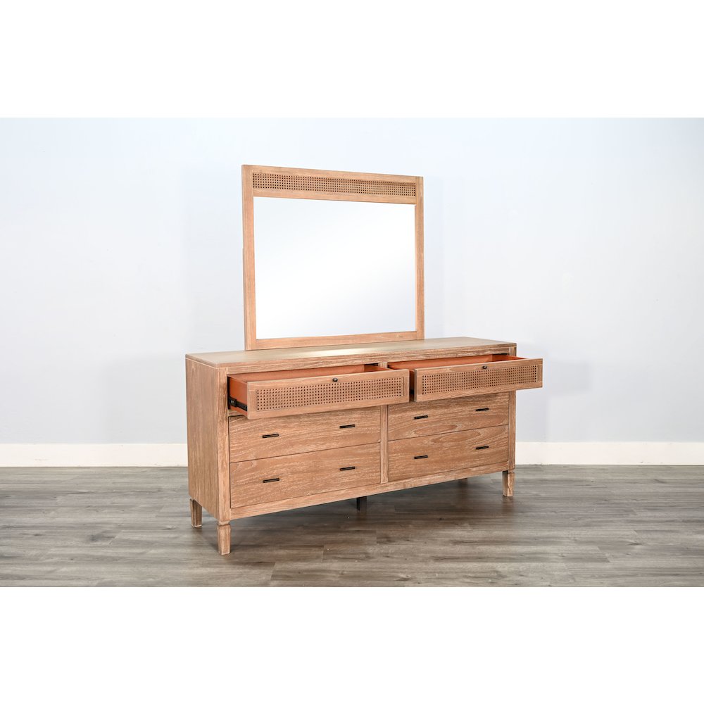 Natural Wood 6-Drawer Rattan Dresser with Mirror