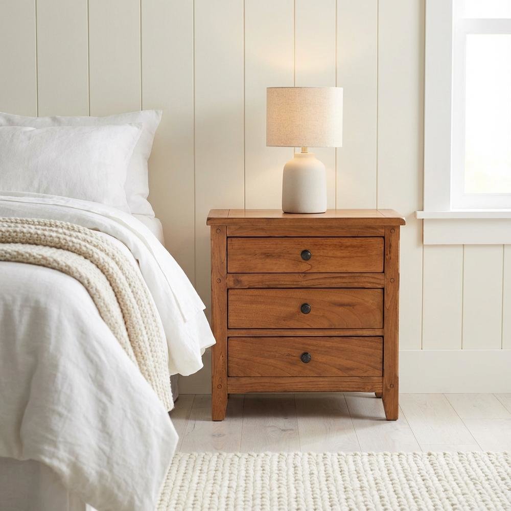 Beige Nightstand with Rustic Style and Mindi Wood for Bedroom Storage