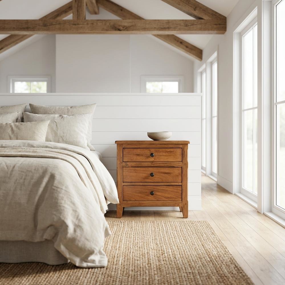 Beige Nightstand with Rustic Style and Mindi Wood for Bedroom Storage