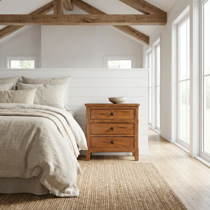 Beige Nightstand with Rustic Style and Mindi Wood for Bedroom Storage