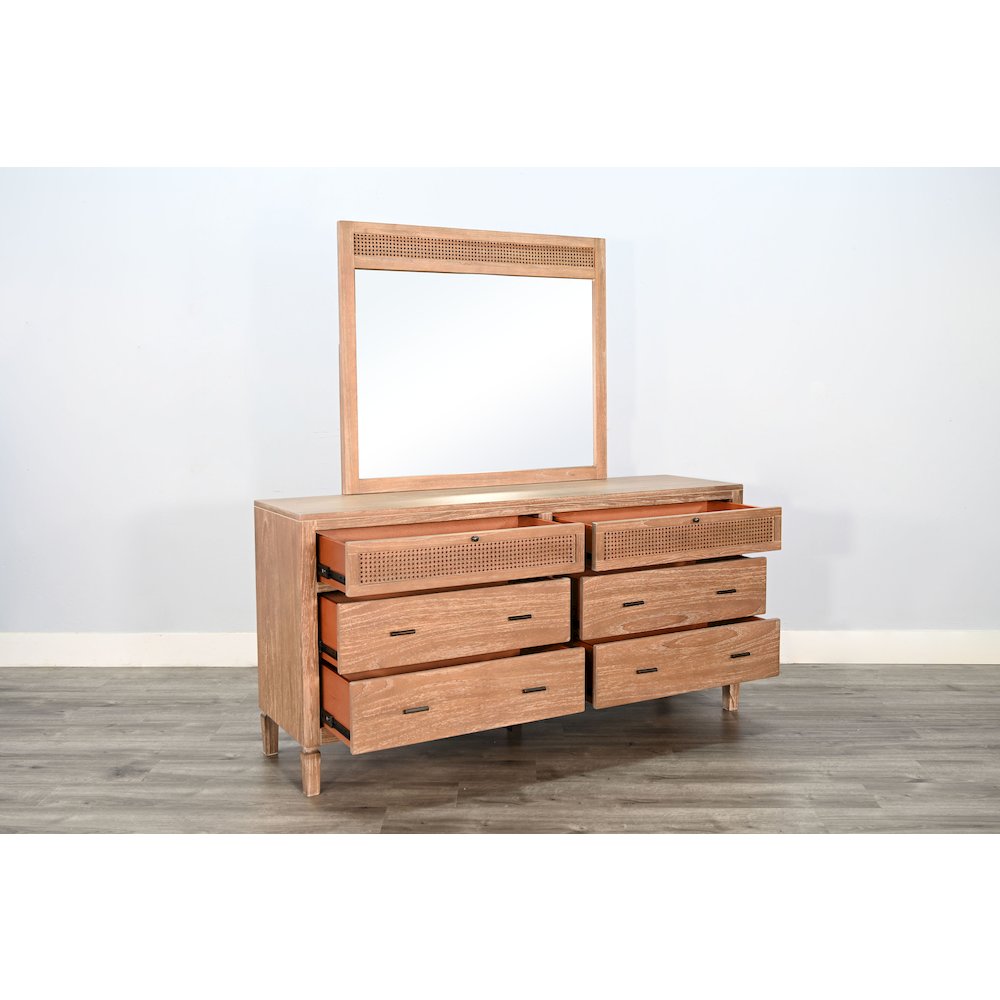 Natural Wood 6-Drawer Rattan Dresser with Mirror