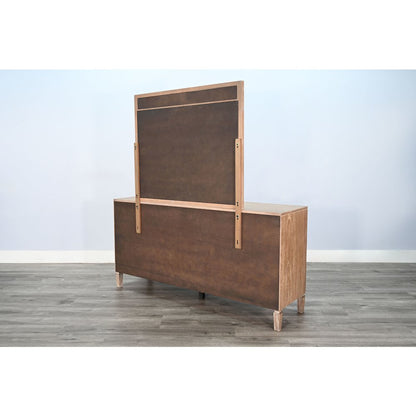 Natural Wood 6-Drawer Rattan Dresser with Mirror
