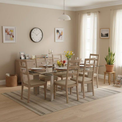 Gray Extension Dining Table, Ash Wood, Double Pedestal, Glass Top