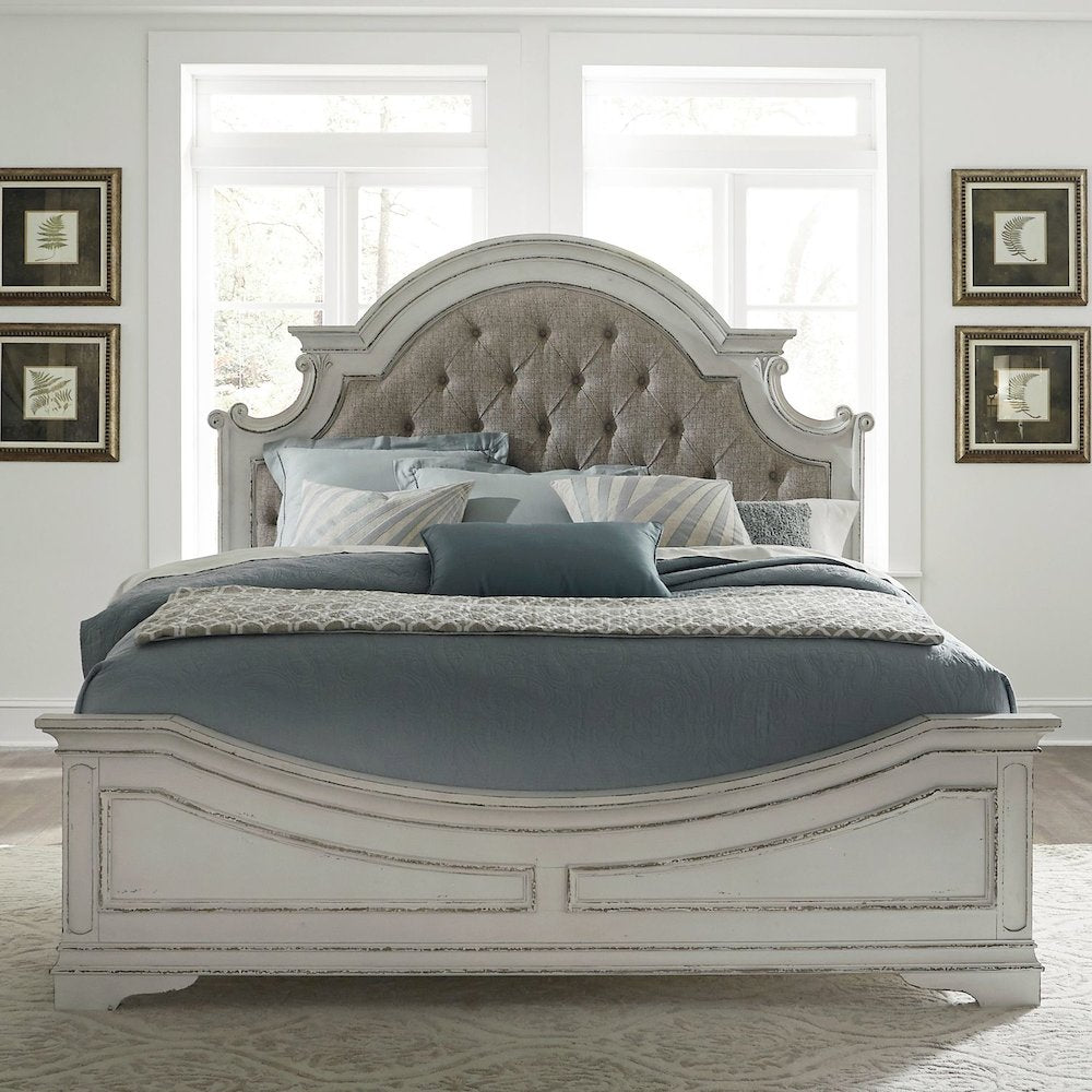 Magnolia Manor California King Upholstered Bed - Antique White & Weathered Bark