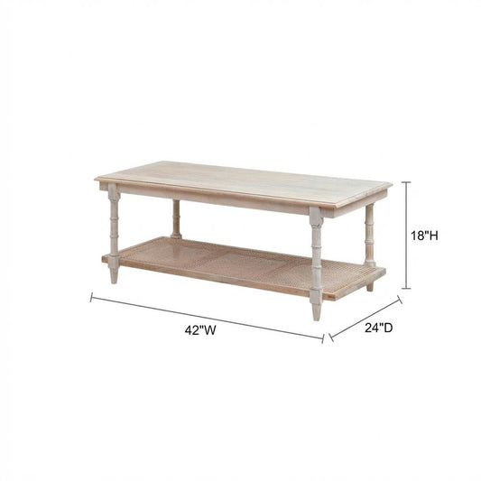 Whitewash Wood & Cane Coffee Table with Rectangular Top and Mango Wood Finish