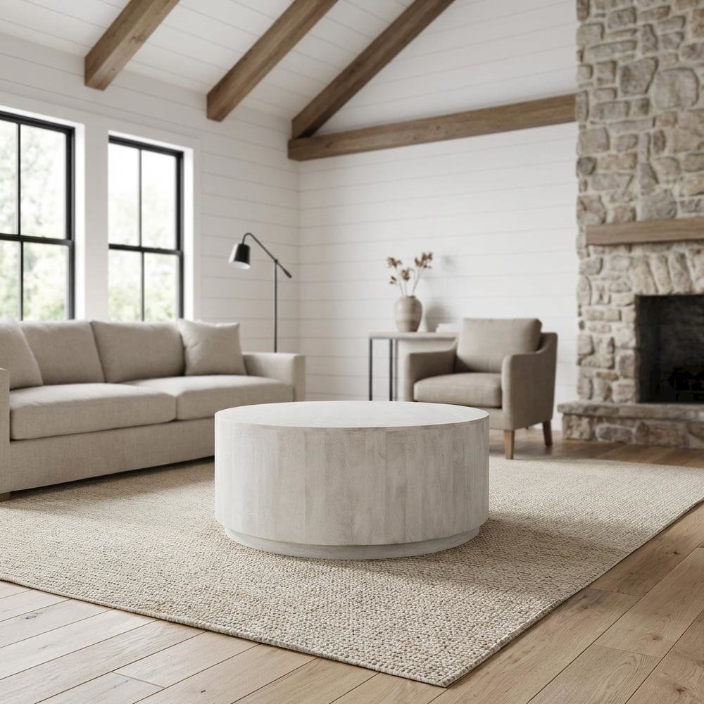 Round Wooden Coffee Table in White with Mango Wood Finish, 42 Inches