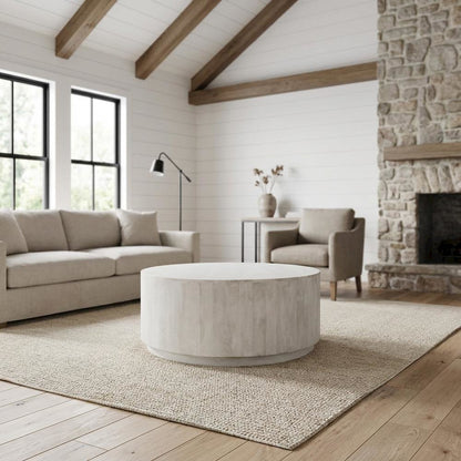 Round Wooden Coffee Table in White with Mango Wood Finish, 42 Inches