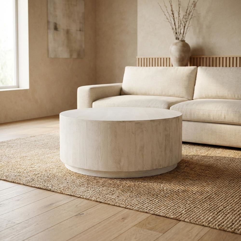 Round Wooden Coffee Table in White with Mango Wood Finish, 42 Inches