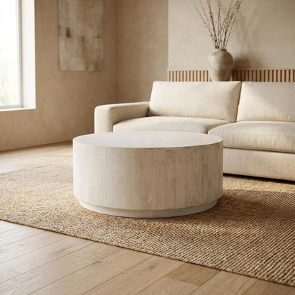 Round Wooden Coffee Table in White with Mango Wood Finish, 42 Inches